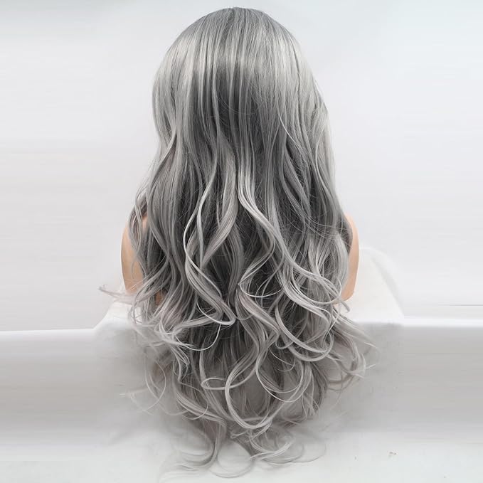 xiweiya Long Silver Platinum Blonde Lace Front Wigs with White Tips Ash Blonde Natural Wavy Mixed Silver Grey Ombre Synthetic Lace Wig Heat Resistant Fiber Wigs Middle Parting Wig for Women 22inch