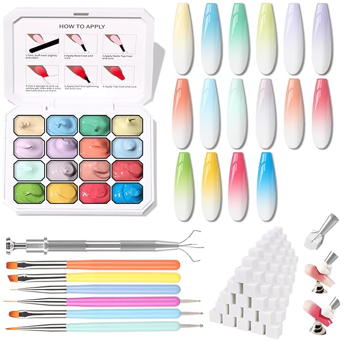 Sponge Pat Paint Nail Gel Ombre Nails Gradient Gel Nail Blush Blooming Aura Nails Drawing Stripper Floral Painting DIY Nail Art No Wipe UV/LED Curing (16 Colors N)