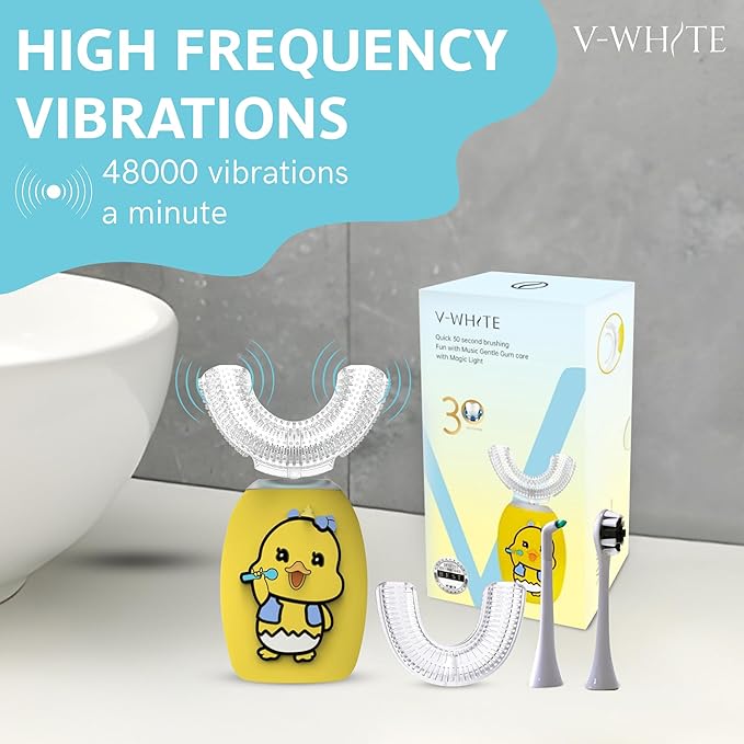 V-WHITE Ultrasonic U-Shaped Toothbrush For Teeth Whitening Electric Toothbrush - 360° Mouth Cleansing Hands Free Gums Protection - Wireless Charging - Waterproof IPX7 Certified (YELLOW - KIDS KIDS)