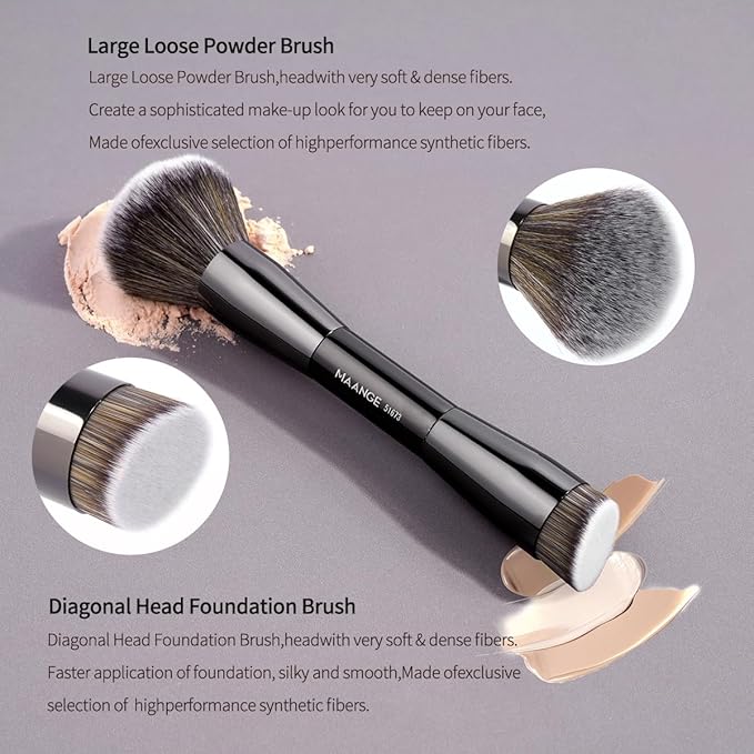MAANGE 20 PCS Makeup Brush Set with Bag Double-ended Kabuki Brush Foundation Contour Brush for Liquid Powder Concealer Eye Shadows Cream Cosmetics Blending Blush Face Makeup Tools with Case (Black)