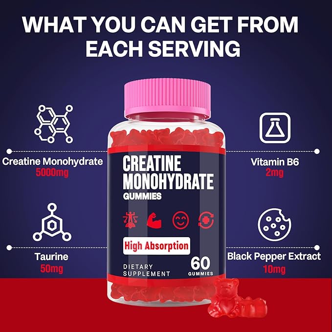 Creatine Monohydrate Gummies for Women &amp Men Taurine &amp B6 Chewable Creatina Pre Workout Gummies for Max Strength &amp Muscle Growth Energy Endurance Creatine for Men &amp Women - 1 Pack