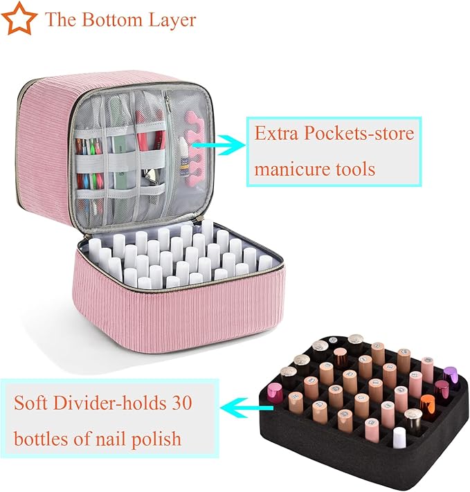 Corduroy Nail Polish Organizer and Nail Lamp Case Nail Kit Organizer Holds 30 Bottles (15ml - 0.5 fl.oz) and a Nail Lamp Nail Polish Carrying Case with Manicure Tools Storage Sections (Pink)