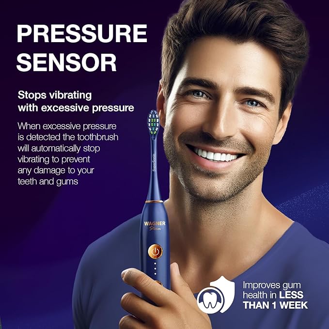 Wagner Stern WHITEN+ Edition. Whitening Electric Toothbrush with Pressure Sensor. Offers 5 Brushing Modes 3 intensities 8 Soft Brush Heads and a Luxury Travel case.