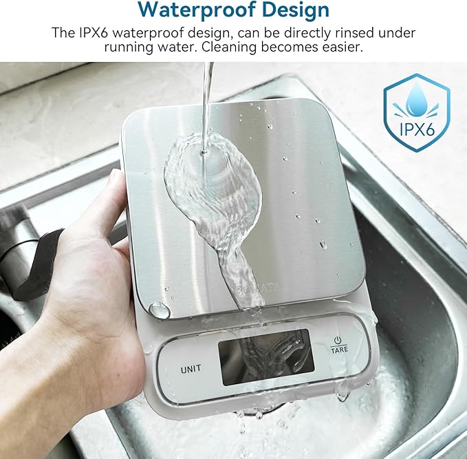 BOMATA Waterproof IPX6 Kitchen Scale 0.1 g/0.01 oz High Precision 5 kg/11 lbs Digital Scale with Backlight Stainless Steel Weighing Platform for Food Cooking Baking Weight Loss.. B619 White