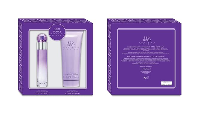 Perry Ellis 360° Purple for Women 2-Piece Gift Set - 1.7 fl oz eau de parfum 6.7 oz body lotion - blackberry peach pink apple tuberose muguet rose jasmine mimosa sandalwood oak moss musk