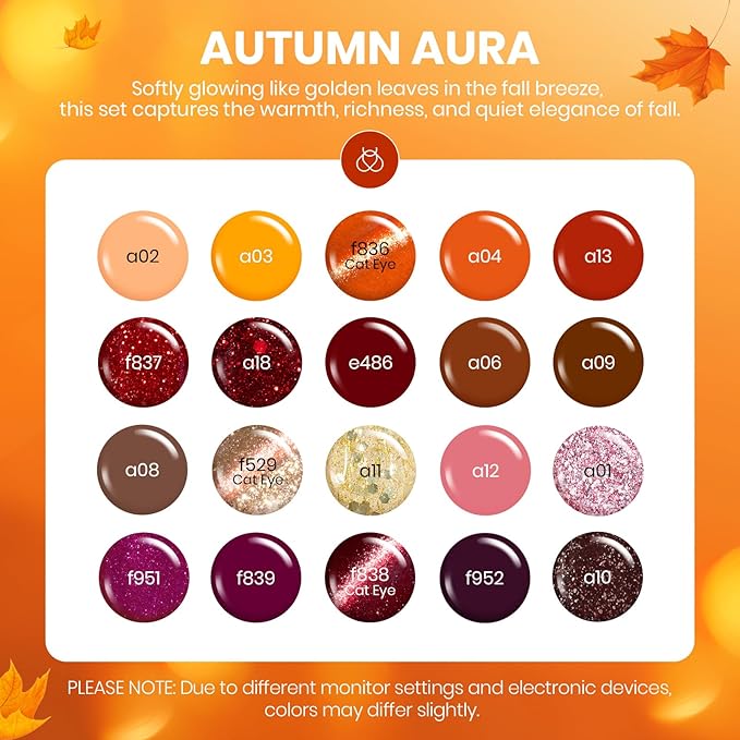 Beetles Fall Gel Nail Polish Set ? Autumn Aura 20 Colors Gel Polish Kit Burgundy Red Brown Yellow Orange Purple Cat Eye &amp Glitter Soak Off UV LED Manicure with Base Glossy Matte Top Coat
