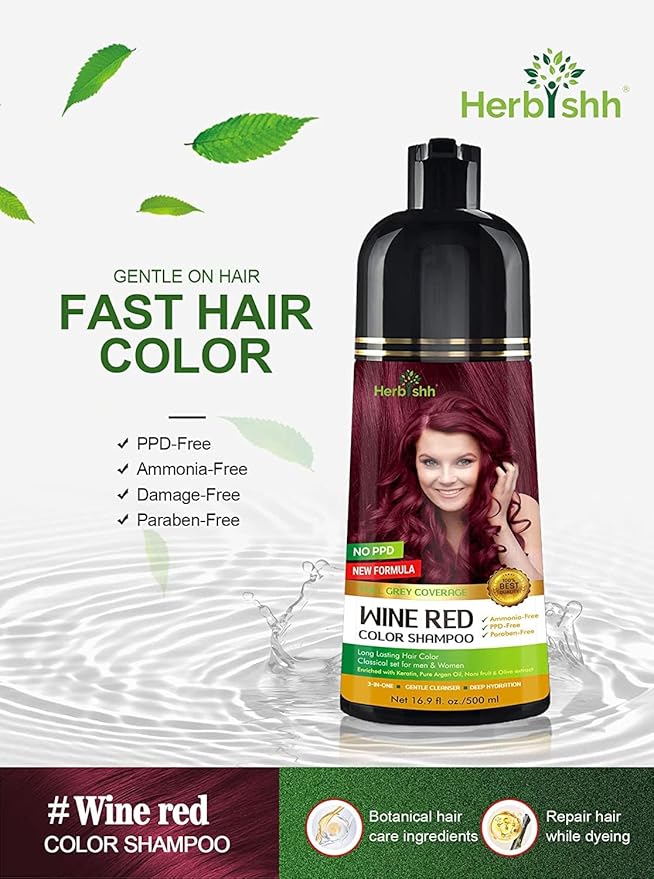 Herbishh Hair Color Shampoo - Magic Dye for Gray Hair Long Lasting Color in Minutes 3-In-1 Ammonia-Free 500 Ml (Wine Red)