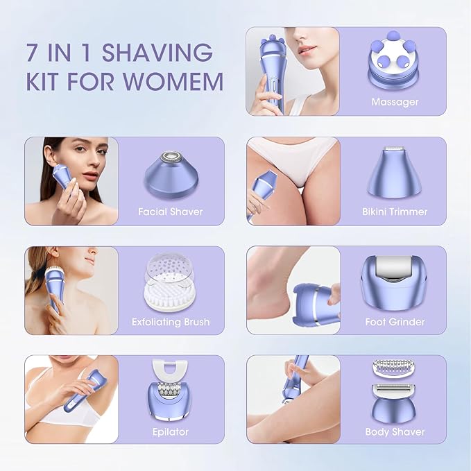 Electric Shavers for Women 7 in 1 Hair Removal Kit with Epilator Bikini Trimmer Face Razor Body Brush Face Massager Foot Callus Remover IPX7 Waterproof Lady Razors Set for Legs Armpit Bikini Pubic