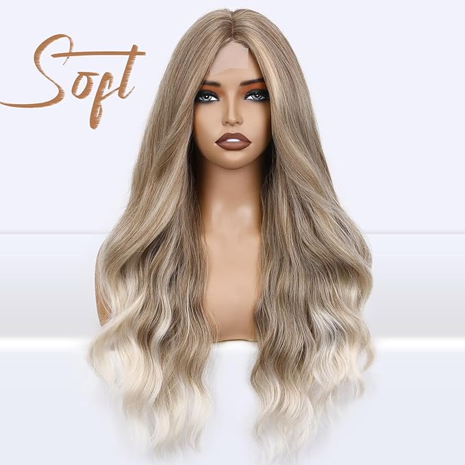 FAVE Ash Blonde Wig Middle Part Lace Blonde Wigs Natural Wavy Dirty Blonde Wigs Soft Long Wigs for White Women(26 Inches)