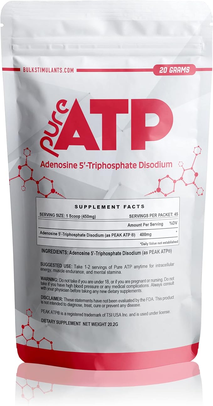 BulkStimulants Pure ATP Adenosine Triphosphate Powder - Increase Energy Endurance Strength Recovery &amp Muscle Pump Faster Than Creatine HMB &amp Nitric Oxide Natural Pre Workout Supplement -