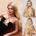 Honygebia Blonde Middle Part Wig - Long Wavy Ombre Blond Wigs with Dark Roots for Women Curly Synthetic Heat Resistant Hair Natural Looking Cute Wigs for Halloween/Christmas/Cosplay/Party