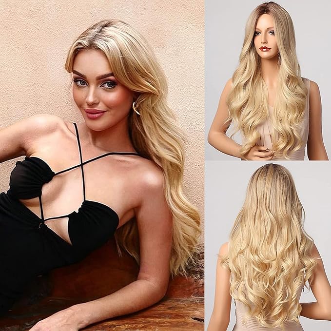 Honygebia Blonde Middle Part Wig - Long Wavy Ombre Blond Wigs with Dark Roots for Women Curly Synthetic Heat Resistant Hair Natural Looking Cute Wigs for Halloween/Christmas/Cosplay/Party