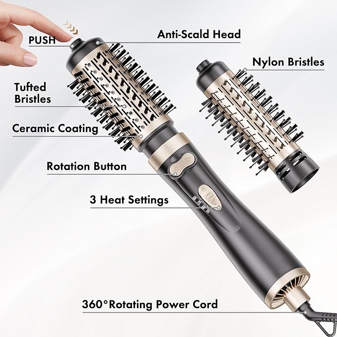 DAILYLIFE Rotating Hair Dryer Brush Hot Air Brush with 2 Brushes (1.5 &amp 2) ALCI Safety Plug and Ionic Technology More Shine and Less Frizz