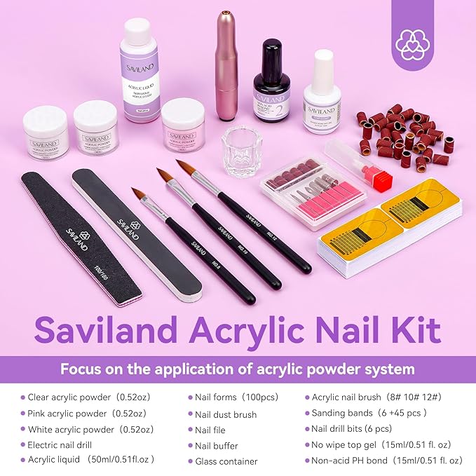 SAVILAND Acrylic Nail Kit with Drill: Nails Kit Acrylic Set for Beginners with Everything ? White Pink Clear Nail Powder and Liquid Set Primer Top Gel Forms Brushes &amp Tools for Home Salon Use