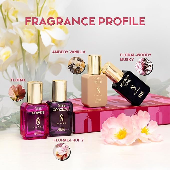 Nisara Long Lasting Woman Perfume Gift Set 4x15ml (60ml) | Travel &amp Pocket friendly perfume kit for all moods &amp occasions | Ideal gift for Women