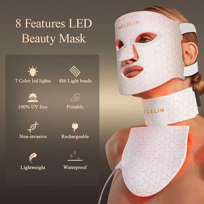 MEGELIN Led Red Light Therapy Face &amp Neck Mask 7 Colors Led Light Therapy Facial Mask Infrared Red Light Therapy Mask Infrared Light Skin Rejuvenation(White)