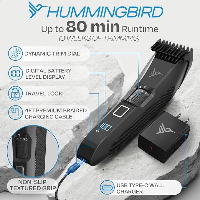 HUMMINGBIRD MK14 BeardMaster ? Premium Beard Trimmer for Men Precision Dial Adjustable 20 Length Settings Stainless Steel T-Blade Cordless USB-C Rechargeable Waterproof LED Display Travel Case