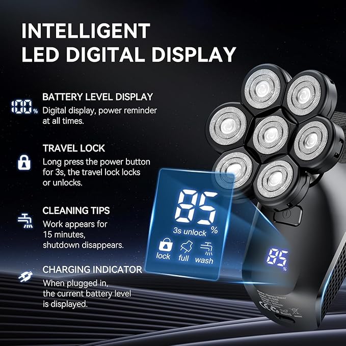 7D Head Shavers for Bald Men - 5 in 1 Bald Head Shavers for Men Body Shaver for Mens with Nose Hair &amp Beard Trimmer IPX6 Waterproof Wet Dry LED Display with Travel Case Cordless Head Razor (Black