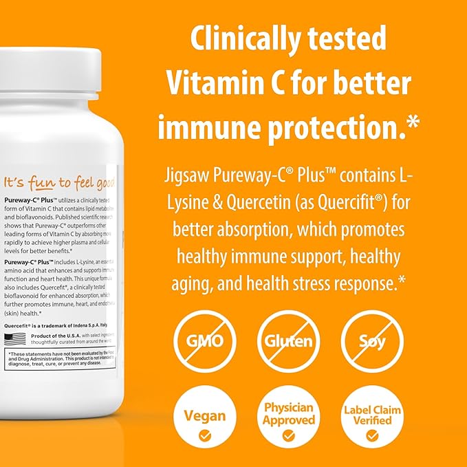 Jigsaw Health Pureway-C Plus | Vitamin C with L-Lysine and Quercetin | Promotes Healthy Immune System Response | 120 Capsules | 60 Servings