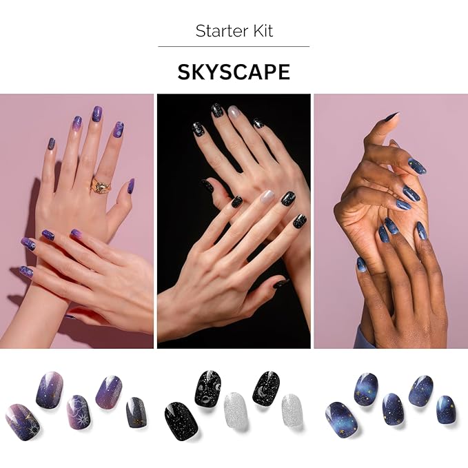 NAILOG Semi Cured Gel Nail Strip Starter Kit - (Include 60Pcs Nail Stickers 1 UV Lamp and 2 Nail Files) Long Lasting Gel Nail Wraps Gift Kit for Christmas Day Skyscape