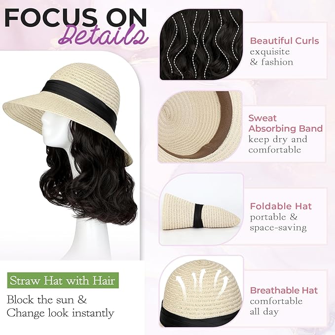Sun Hat Straw Hat Wig Detachable Adjustable Cap with 12 Inch Synthetic Wavy Hair Extensions Foldable for Women Summer Beach Outdoors Dark Brown