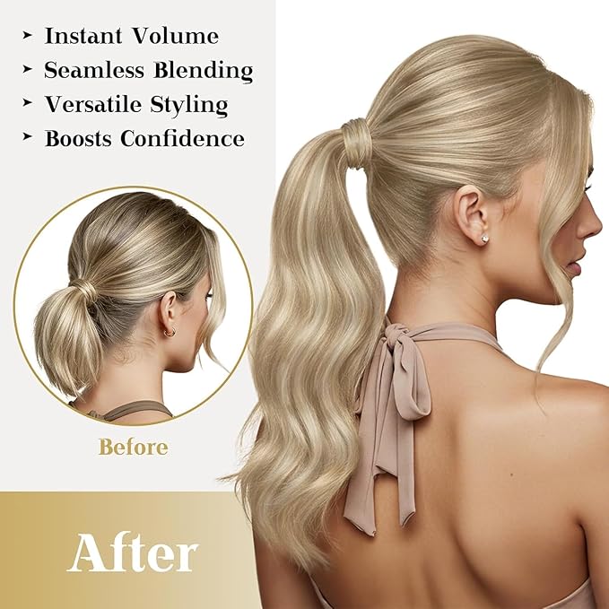 Ve Sunny Ponytail Extension Real Human Hair for Women Clip in Ponytail Hair Extension Straight Hair Pieces Wrap Around Dark Ash Blonde Highlights Golden Blonde 16inch 80G