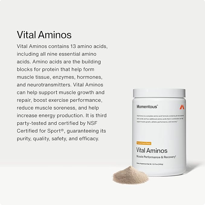 Momentous Vital Aminos Powder Supplement - BCAA &amp EAA - Tropical Punch - NSF Certified for Sport - GMO- &amp Gluten-Free - 30 Servings - Package May Vary