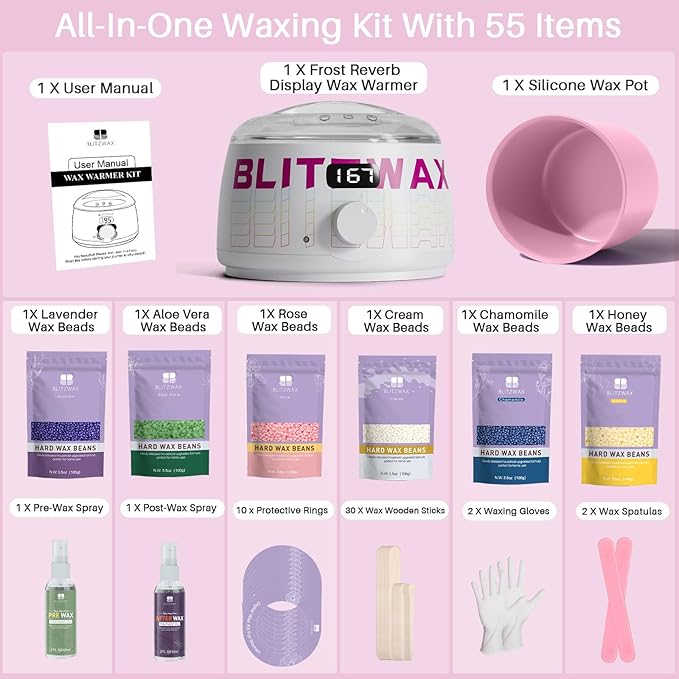 BLITZWAX Brazilian and Bikini Waxing Kit for Women Hard Wax Warmer for Face Legs and Body At Home Hair Removal Kit Beginner Friendly Quick Heating Frost Reverb Digital Wax Pot