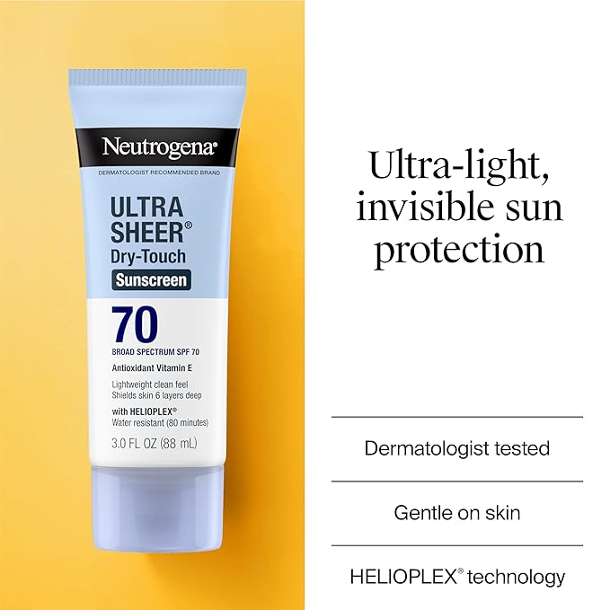 Neutrogena Ultra Sheer Dry-Touch Sunscreen For Face &amp Body SPF 70 Broad Spectrum UVA/UVB Protection Lightweight Water Resistant &amp Non-Greasy Travel Size Sunscreen 3 fl. oz (Pack of 3)