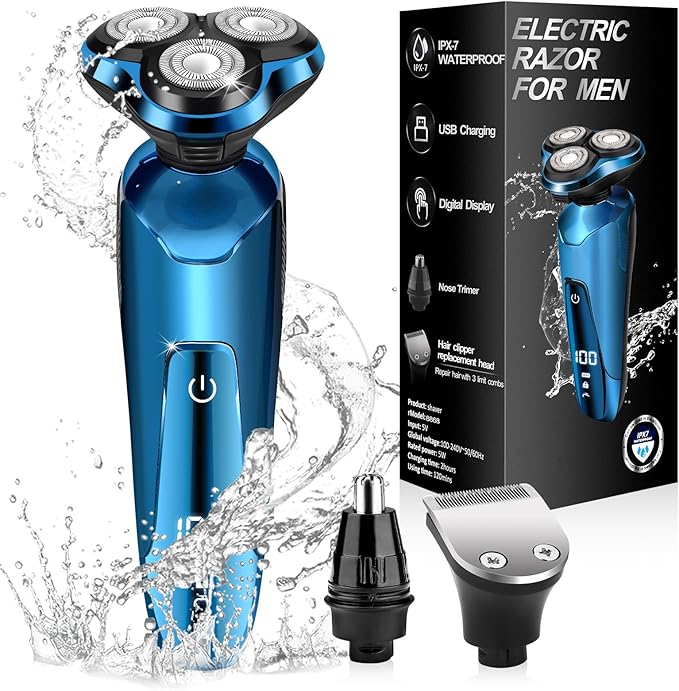 Electric Razor for Men IPX7 Waterproof 3D Rotary Shaver Rechargeable Cordless Shaver for Men with Wet/Dry Function &amp LCD Display Ideal Shaving Gifts for Husband Dad Boyfriend