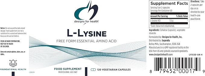 Designs for Health L-Lysine HCL Pills 1500mg - Amino Acid Lysine Hydrochloride Nutritional Supplement for Adults - Immune + Bone Health Support - Vegan + Non-GMO (120 Capsules)