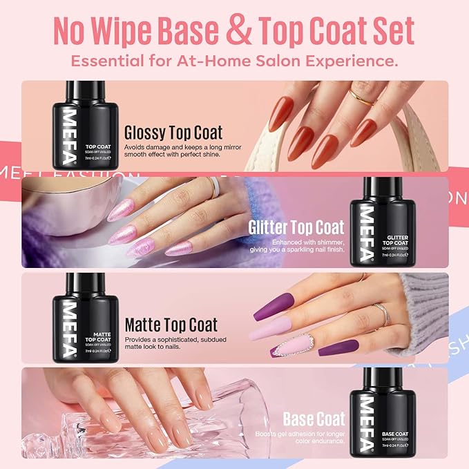 MEFA 60 Pcs Gel Nail Polish Kit with U V Light 32 Colors Popular Soak Off Nude Pink Red Gel Polish Nail Set with Matte/Glossy Gel Top Base Coat Manicure Tools Nail Art Decorations DIY Salon
