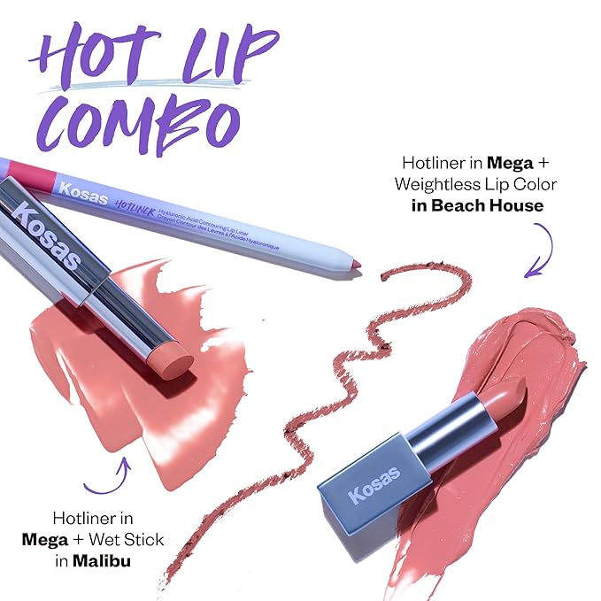 Kosas Hotliner Retractable Lip Liner Pencil with Built-In Brush &amp Sharpener - Easy Contouring Hydrating Long-Lasting - Pigmented Creamy Texture for Plumping Lips - Hyaluronic Acid &amp Konjac -