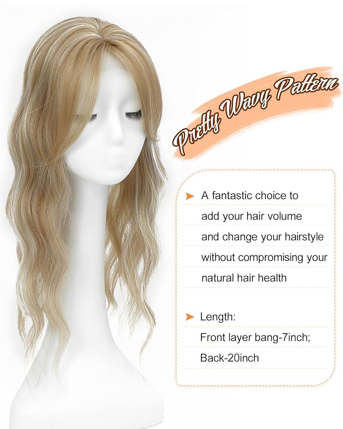 UDU 20 Wavy Ombre Highlight Synthetic Hair Topper for Women with Thinning Hair with Fringe Bang Adds Volume Change Hairstyle