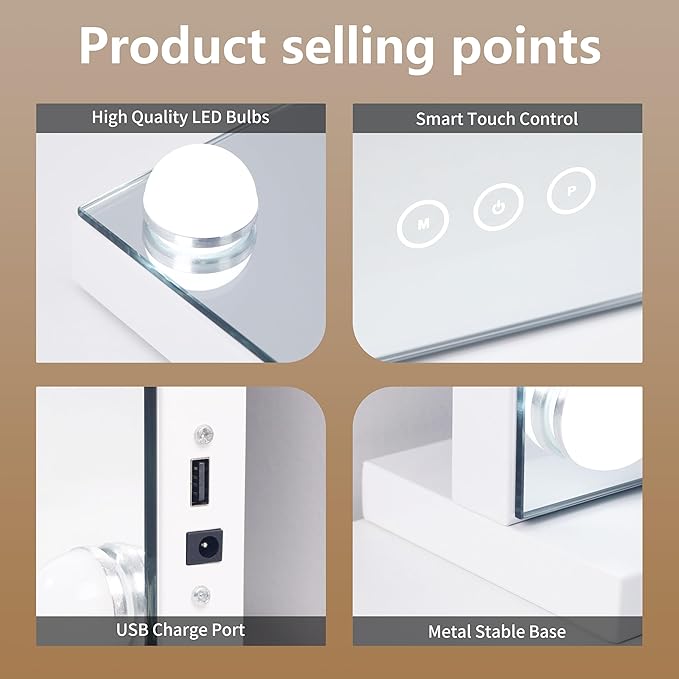 Vanity Mirror with LightsMakeup Mirror with 17 Dimmable LED Bulbs 3 Color Lighting Modes Detachable 10X Magnification Mirror Touch Control 23.6X197 inch White