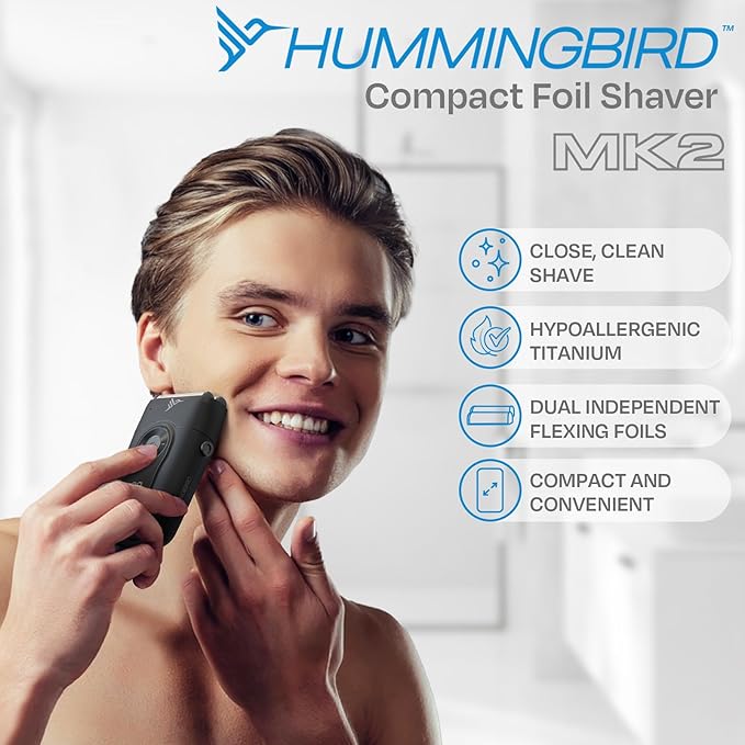HUMMINGBIRD MK2 Compact Foil Shaver ? No Nick No Cut No Razor Burn Face Shaver for Men Portable USB C Rechargeable Dual Foil Flex Head Electric Razor LED Display Travel Head &amp Facial Groomer