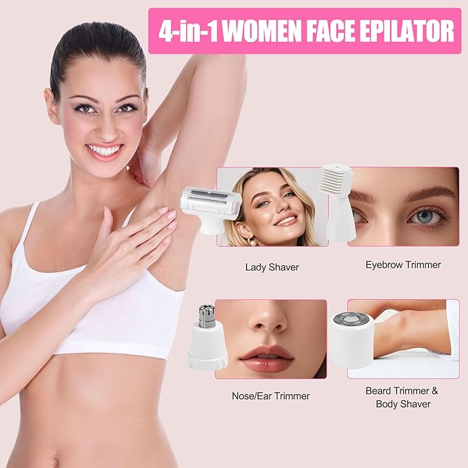 Women Face Epilator 4-in-1 Body Shaver and Facial Epilator Hair Removal for Face Waterproof Facial Hair Remover for Armpits Arms Legsm Bikini