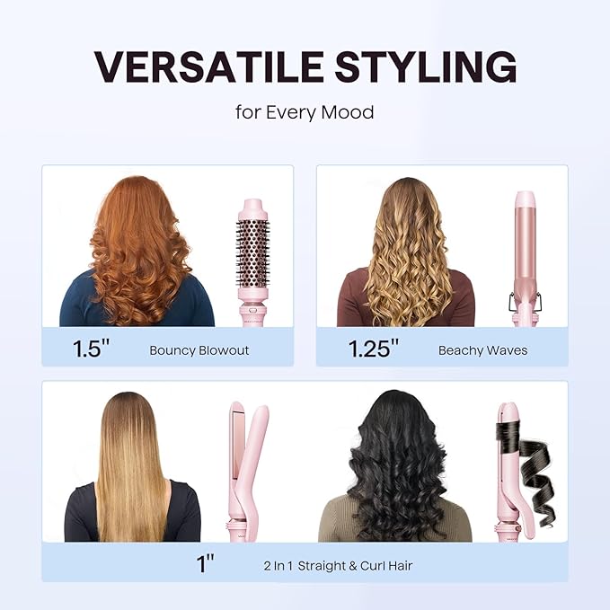 Wavytalk 3 in 1 Curling Wand Set Multi Curl Curling Iron Set with Heated Round Brush Flat Iron Hair Straightener 1 1/4 inch Curling Iron Dual Voltage Hair Curler(Pink)