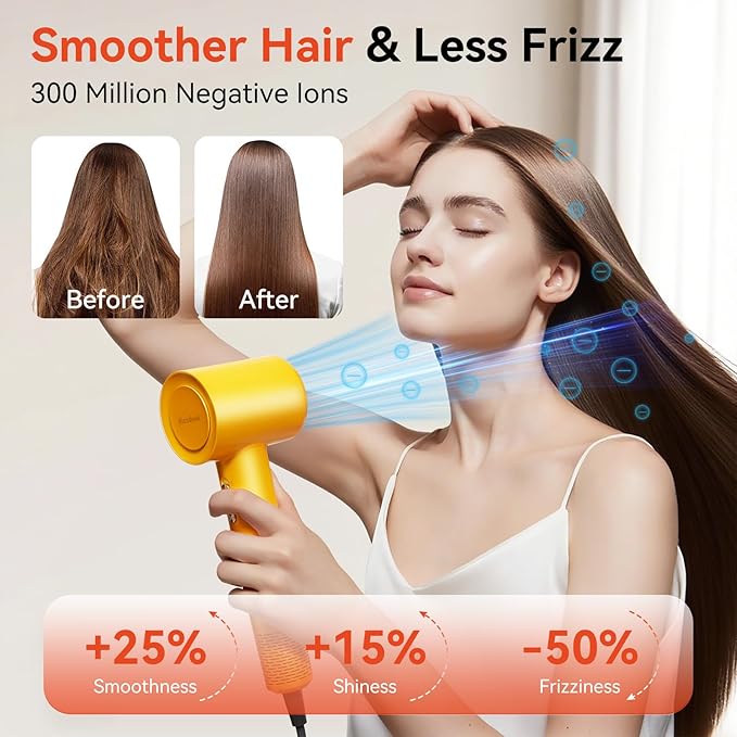 Professional Hair Dryer with Temperature Control Ionic Technology Low Noise (Yellow with Diffuser Nozzle)