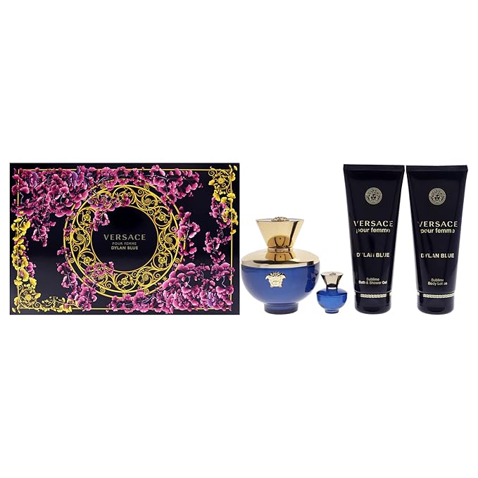 Versace Dylan Blue 3.4oz EDP Spray 3.4oz Body Lotion 3.4oz Bath and Shower Gel 0.16oz EDP Spray Women 4 Pc Gift Set