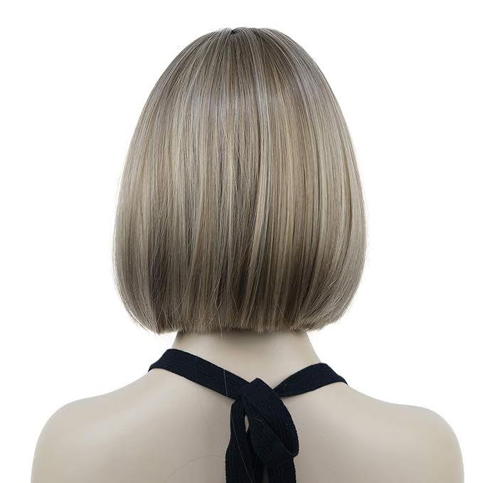 Lydell 8 Straight Short Bob Hair Flat Bangs Cute Central Dot Skin Top Heat Resistant Synthetic Wigs (H16/613 Blonde Highlighted)