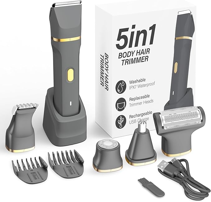 KINGTEE 5-in-1 Electric Bikini Trimmer for Women ? IPX7 Waterproof Shaver Cordless Body &amp Facial Razors for Women Ceramic Blades USB-C Rechargeable Painless Hair Removal Kit (Light Black)