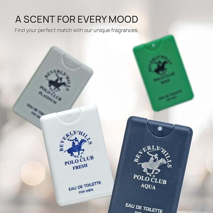 Beverly Hills Polo Club MENS 4PC 20ML POCKET SPRAY - GREEN - CONTAINS FRESH/PLATINUM/BOLD/AQUA