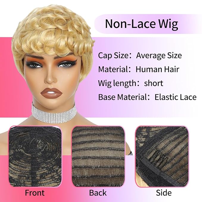 Breathable And Lightweight Wine Red/99J Human Hair Wig Short Curly Pixie Short Hairstyle With Layered Curls And Glue-Free Design For A Natural Look (4 InchBlonde)