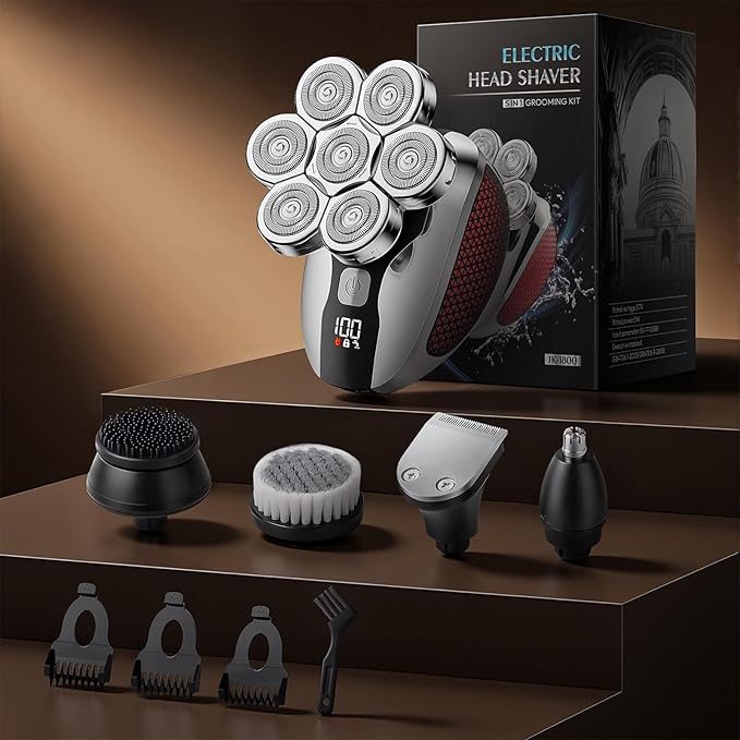 Head Shavers for Bald Men Professional 5-in-1 Electric Head Shaver Grooming Kit 7D Floating Wet &amp Dry Electric Razor for Bald Heads with LED Smart Display &amp Type-C Charging for Hair/Face/Bea