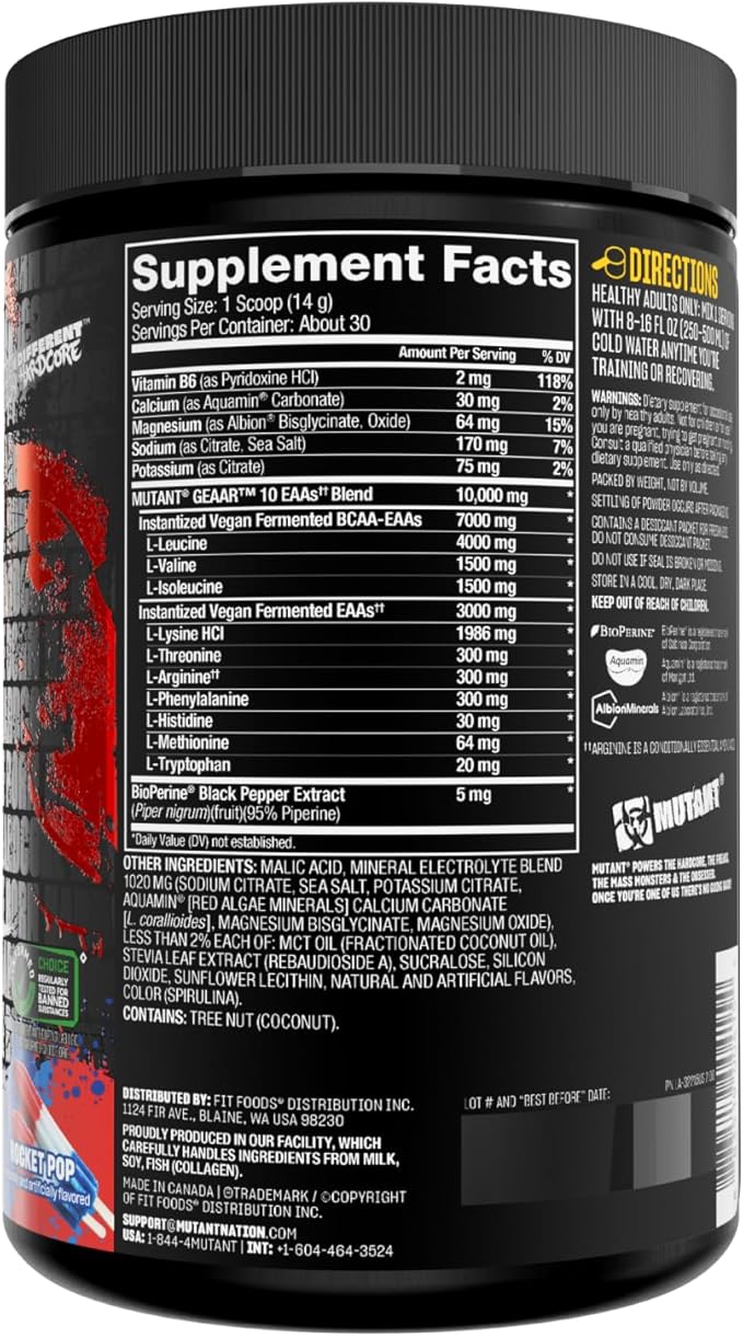 Mutant GEAAR - 9.4g of EAA Powder + Arginine 7g BCAAs 4g Leucine Electrolytes Coconut Water Delicious Taste - 30 Servings - Rocket Pop
