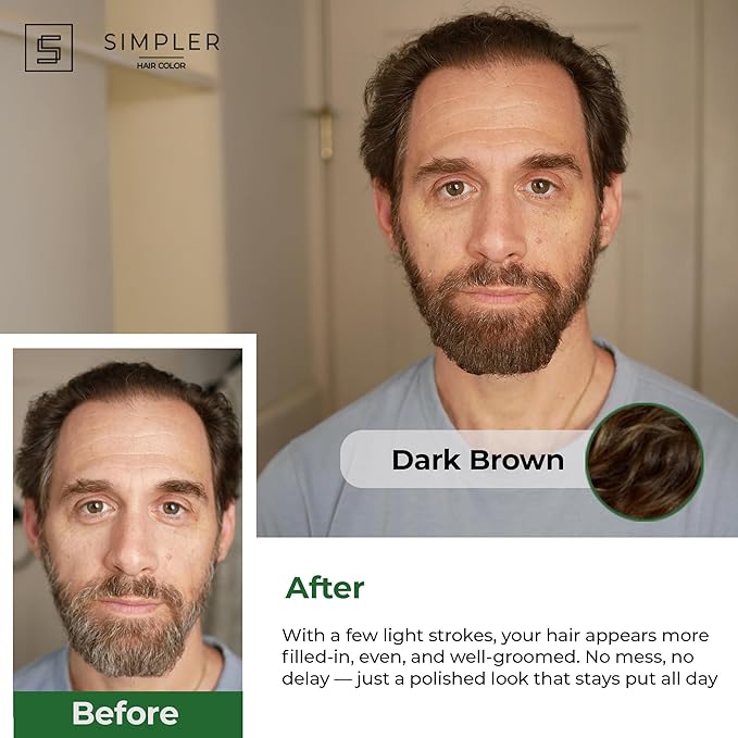 Simpler Hair Color Touch Up Temporary Beard Dye for Men for Gray Hair Coverage - Natural Clean Ingredients - Hypoallergenic Reusable Instant Beard Dye for Sensitive Skin (Dark Brown)