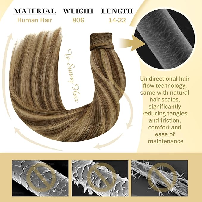 Ve Sunny Ponytail Extension Real Human Hair for Women Clip in Ponytail Hair Extension Straight Hair Pieces Wrap Around Chocolate Brown Mix Caramel Blonde 18inch 80G
