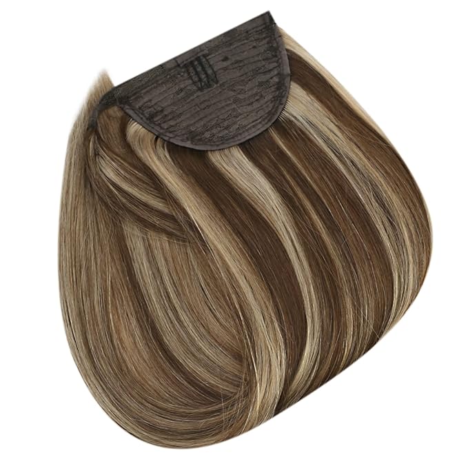 Full Shine Ponytail Extension Human Hair Dark Brown Ombre Honey Blonde Ponytail Clip in Hair Extensions Long Straight Pony Tail Hair Pieces For Women 20Inch 80g