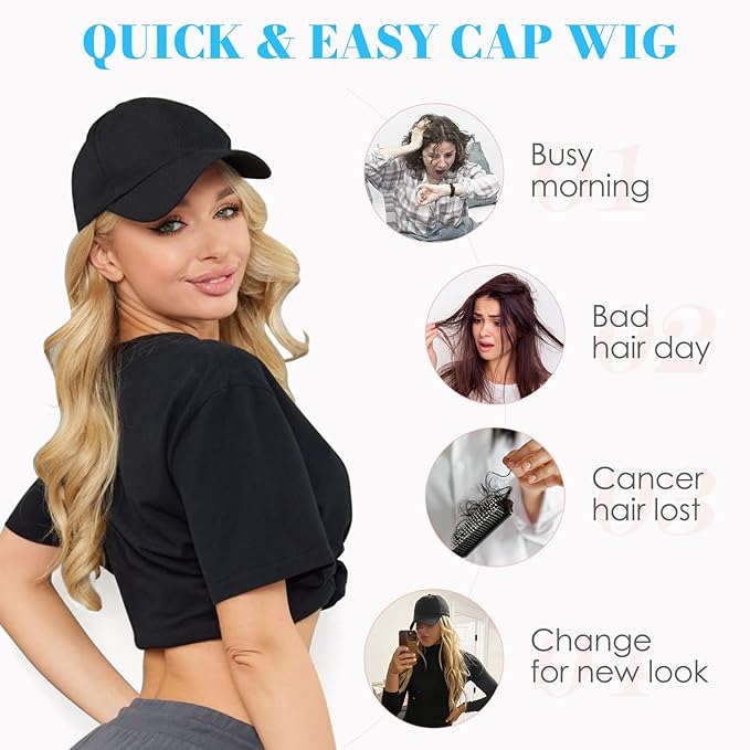 Hairro Baseball Hat with Hair Attached for Women Synthetic Adjustable Cap Wig 290g #12P24 Light Brown Mix ash Blonde